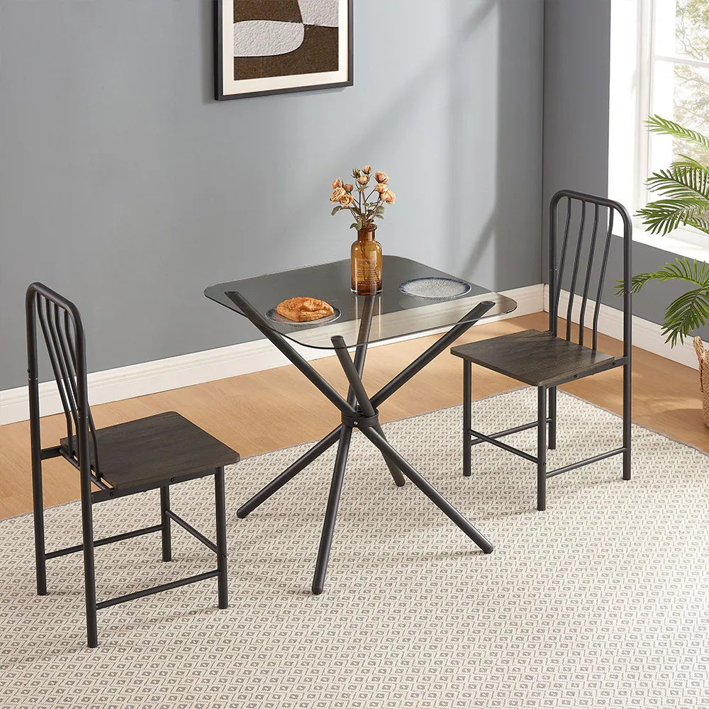 Dining Set for 2 – Square Tempered Glass Table & Metal Chairs | Keeno