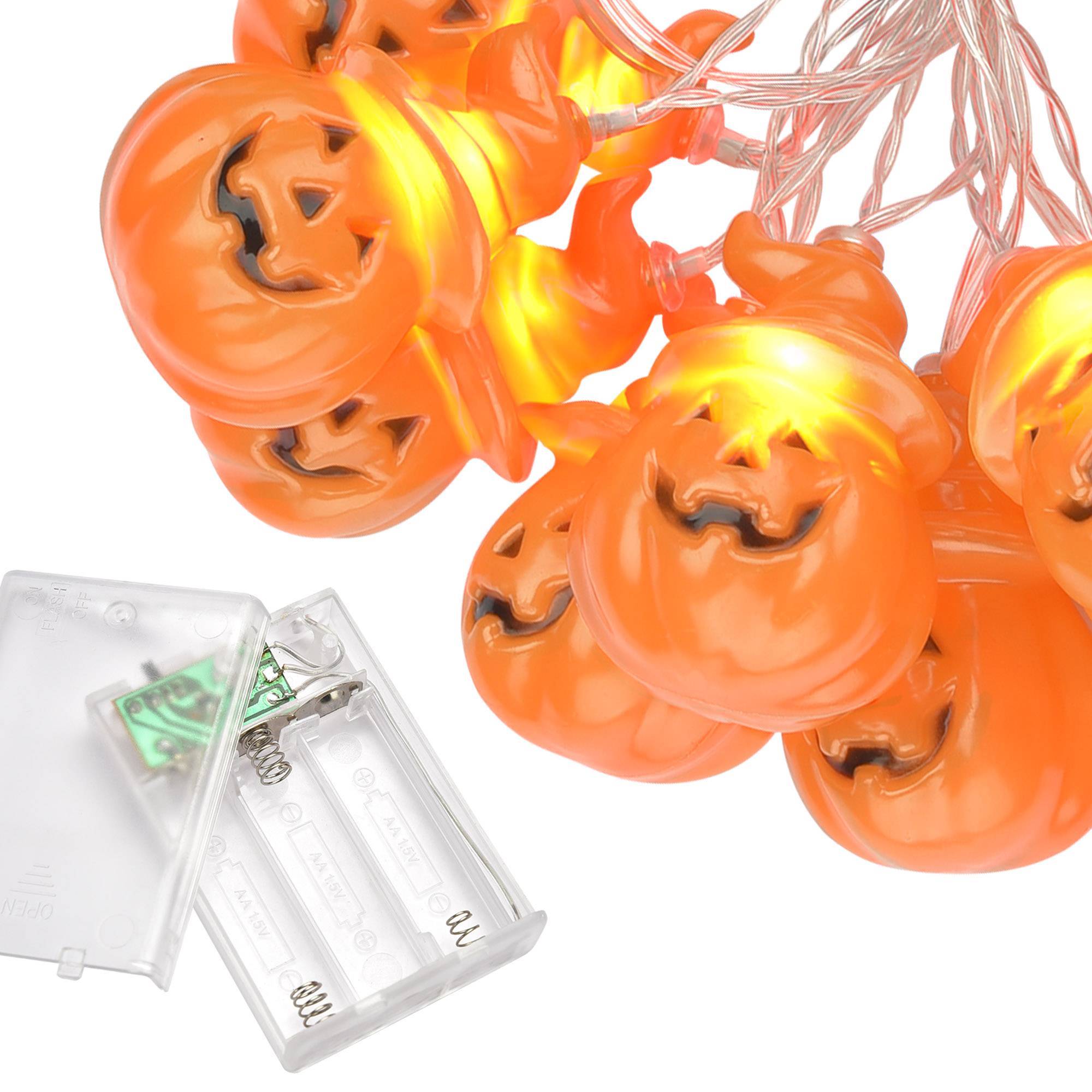 Close-up of battery-powered Halloween string lights with ghost and pumpkin shapes