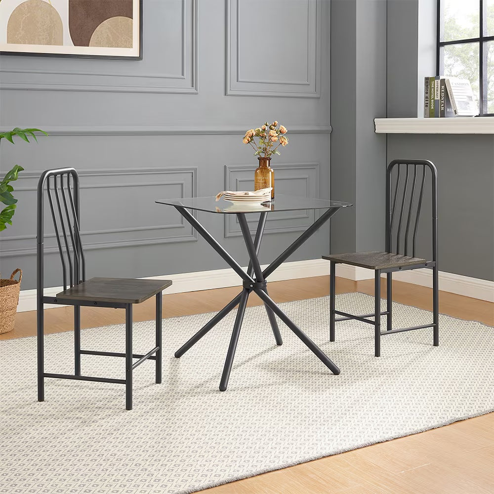 Dining Set for 2 – Square Tempered Glass Table & Metal Chairs | Keeno