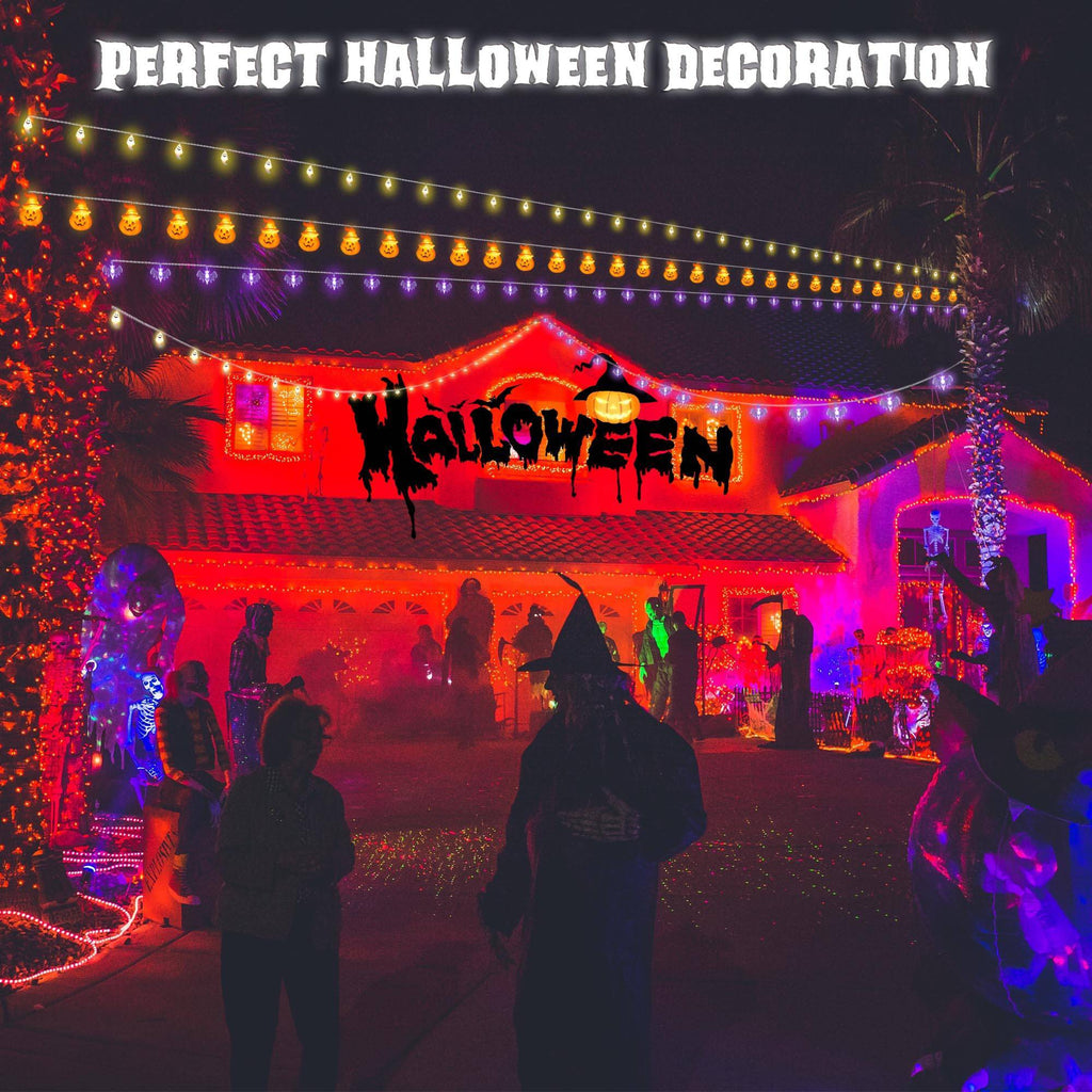 Close-up of battery-powered Halloween string lights with ghost and pumpkin shapes