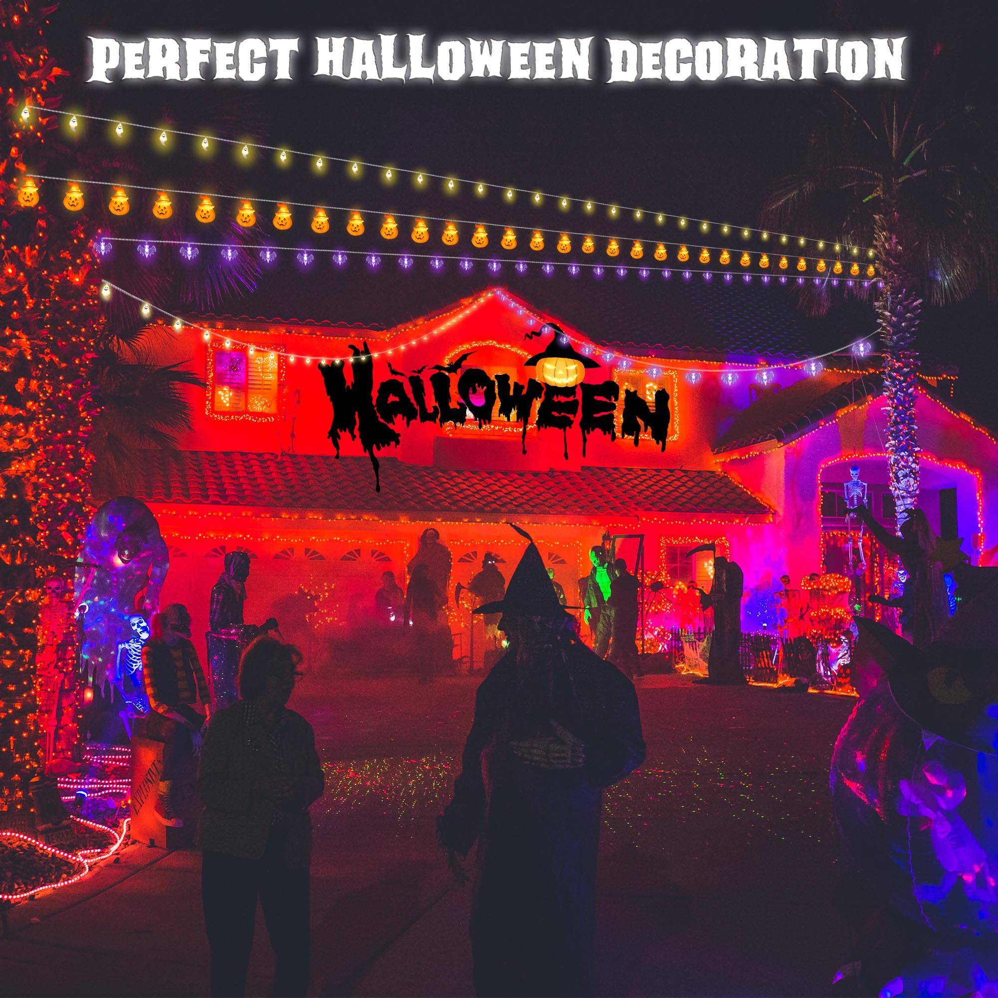 Close-up of battery-powered Halloween string lights with ghost and pumpkin shapes