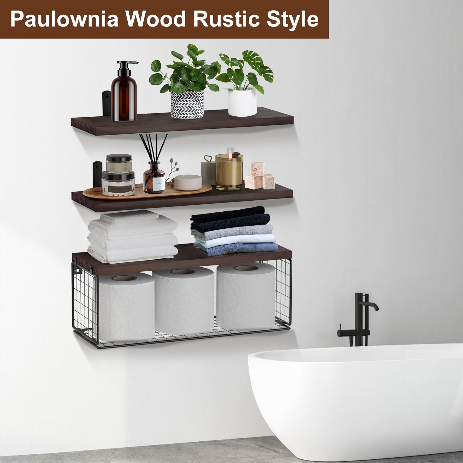 2-in-1 floating wall shelves with rustic wood planks and black metal storage basket for bathroom, kitchen, and living room wall décor – Keeno USA

