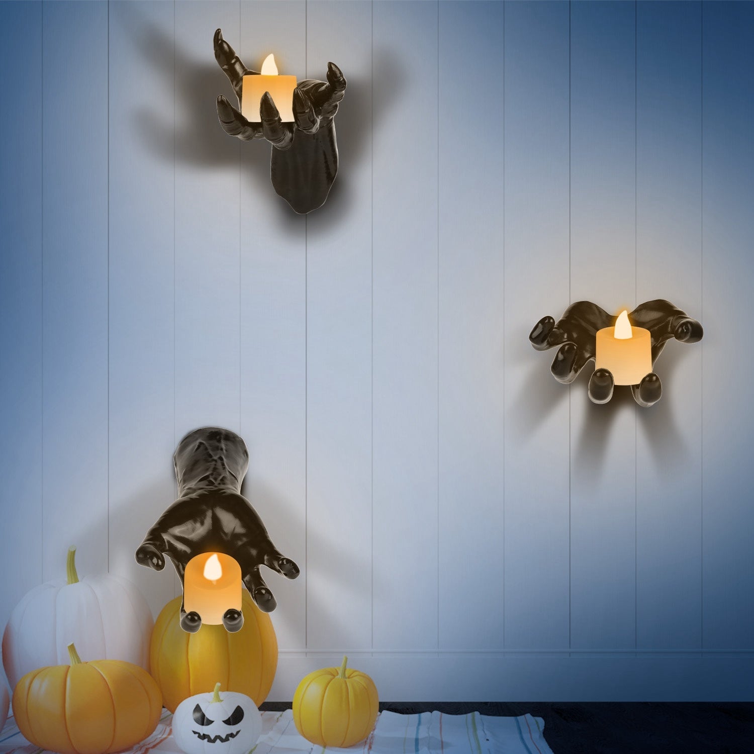 3 piece wall mounted reaching hands with LED candles Halloween decor USA