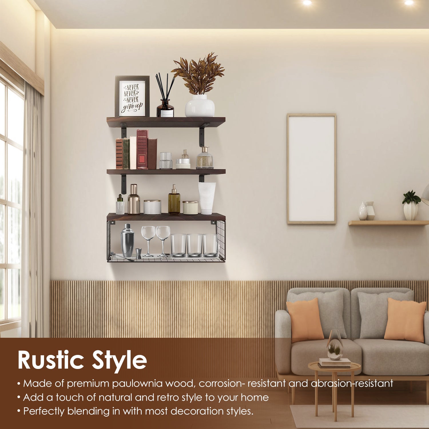 2-in-1 floating wall shelves with rustic wood planks and black metal storage basket for bathroom, kitchen, and living room wall décor – Keeno USA

