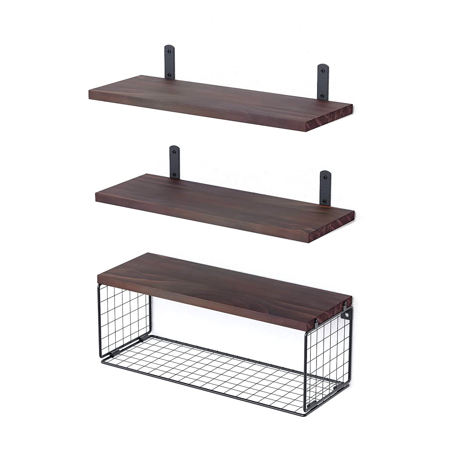 2-in-1 floating wall shelves with rustic wood planks and black metal storage basket for bathroom, kitchen, and living room wall décor – Keeno USA

