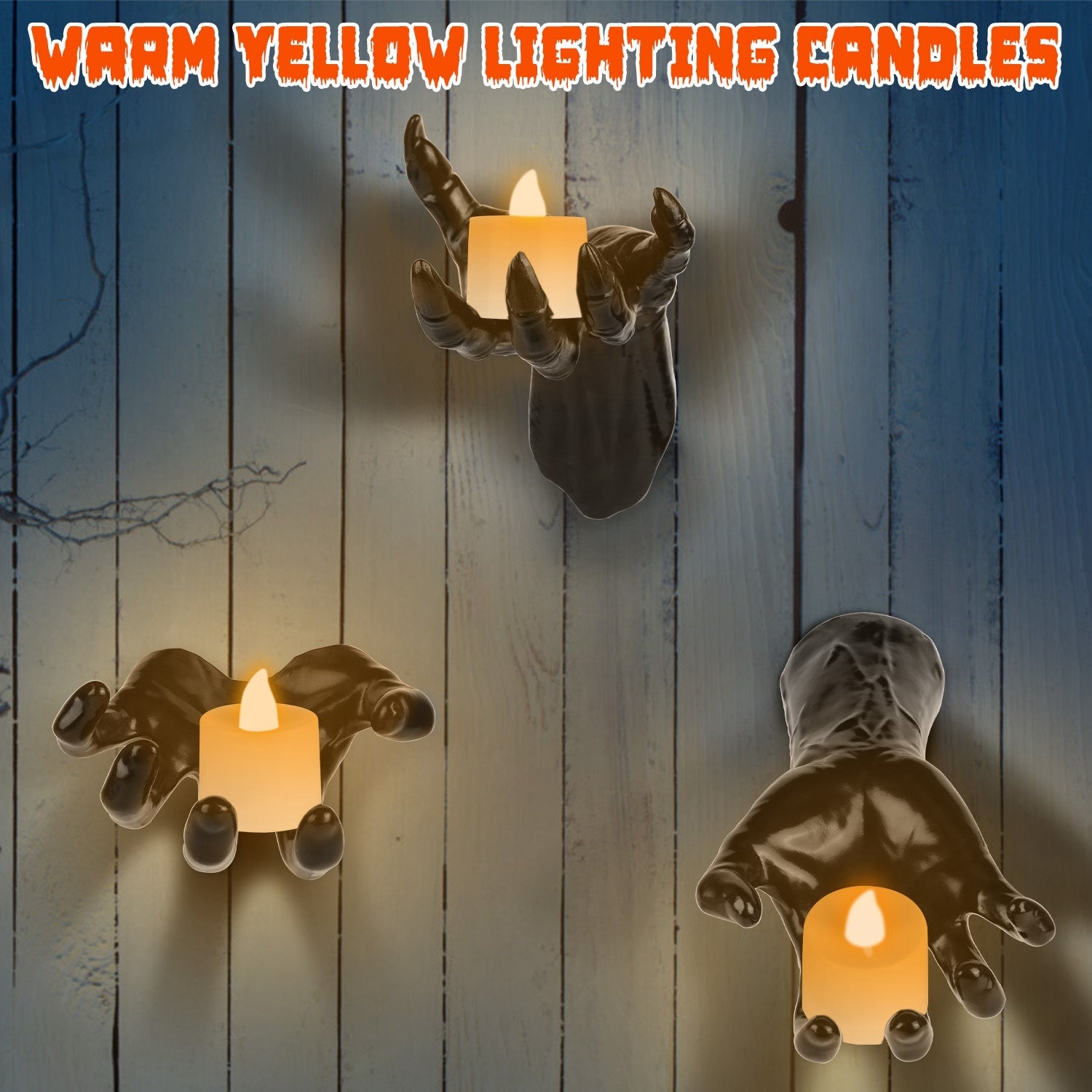 3 piece wall mounted reaching hands with LED candles Halloween decor USA