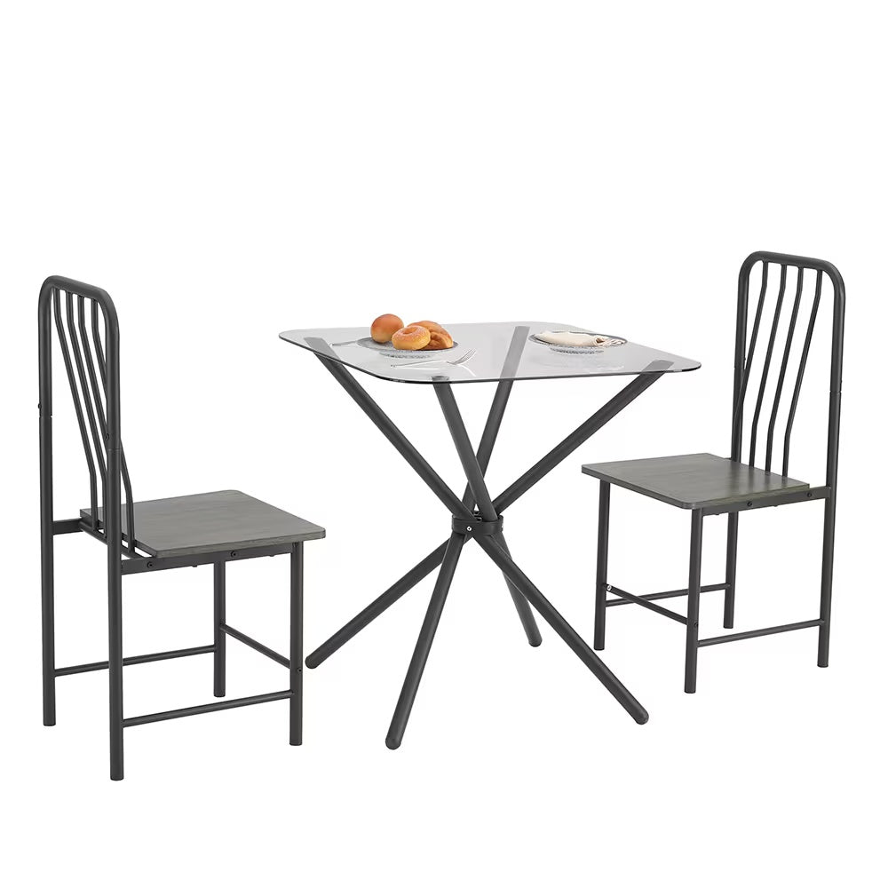 Dining Set for 2 – Square Tempered Glass Table & Metal Chairs | Keeno