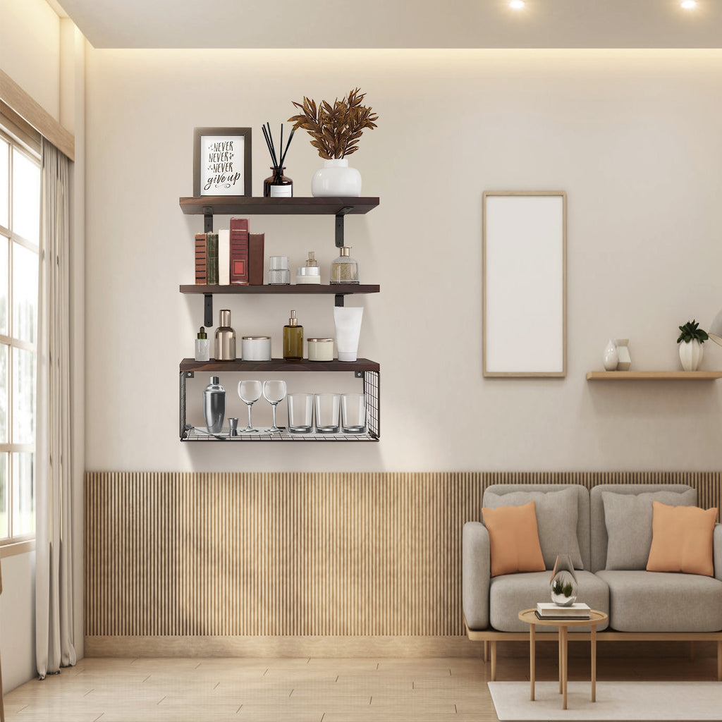 2-in-1 floating wall shelves with rustic wood planks and black metal storage basket for bathroom, kitchen, and living room wall décor – Keeno USA

