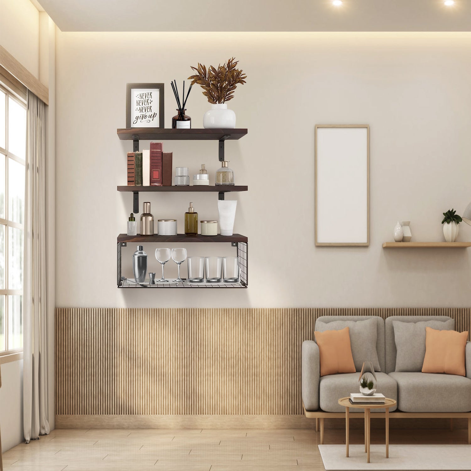 2-in-1 floating wall shelves with rustic wood planks and black metal storage basket for bathroom, kitchen, and living room wall décor – Keeno USA

