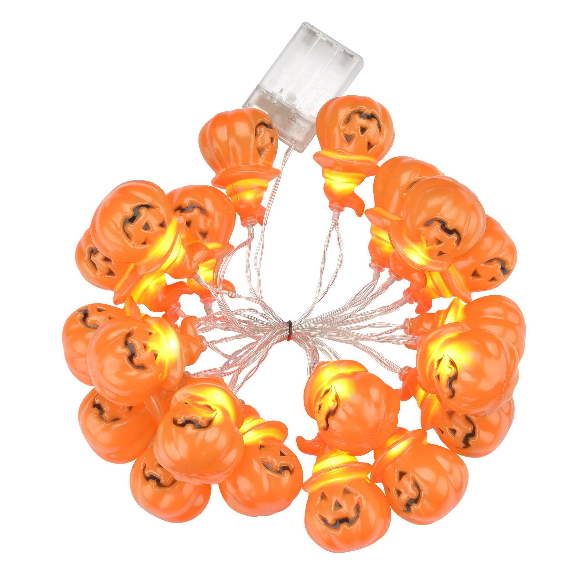 Close-up of battery-powered Halloween string lights with ghost and pumpkin shapes
