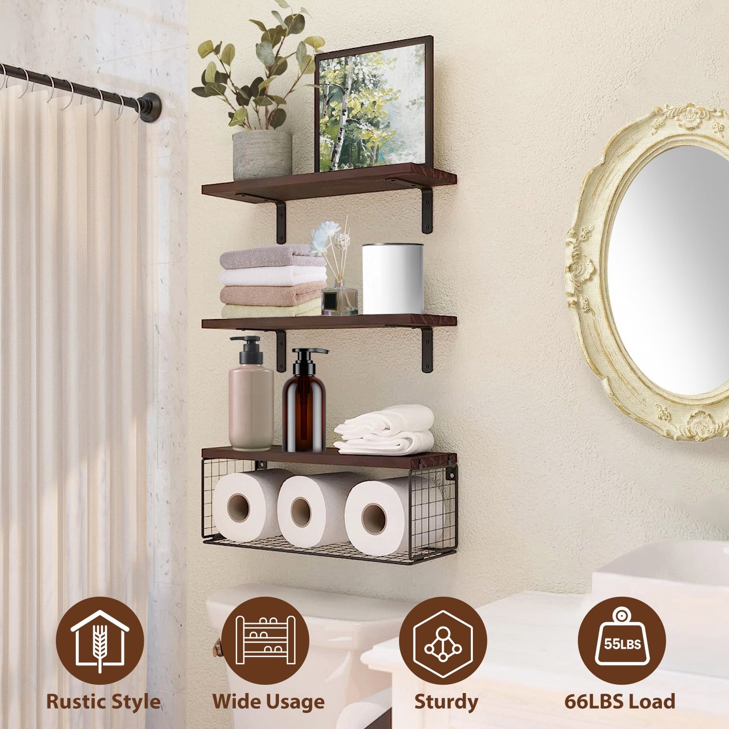 2-in-1 floating wall shelves with rustic wood planks and black metal storage basket for bathroom, kitchen, and living room wall décor – Keeno USA

