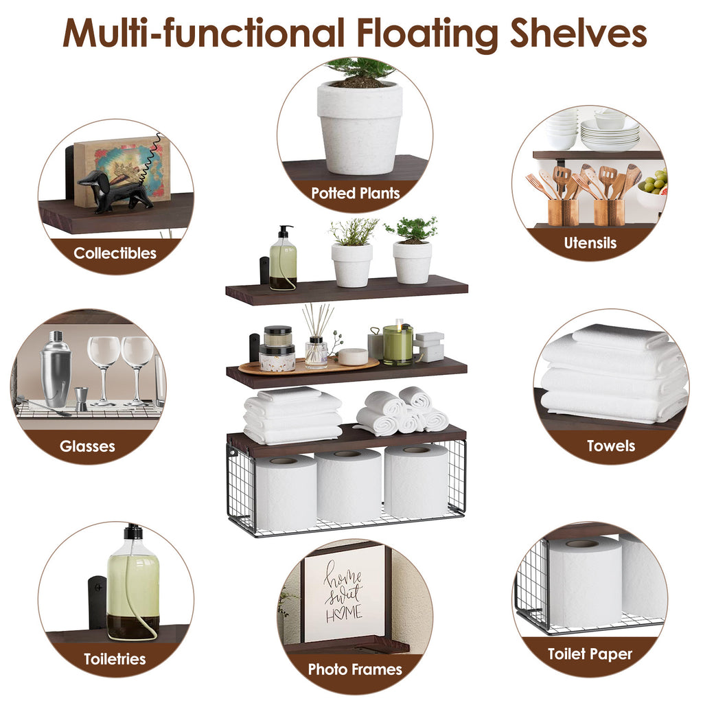 2-in-1 floating wall shelves with rustic wood planks and black metal storage basket for bathroom, kitchen, and living room wall décor – Keeno USA

