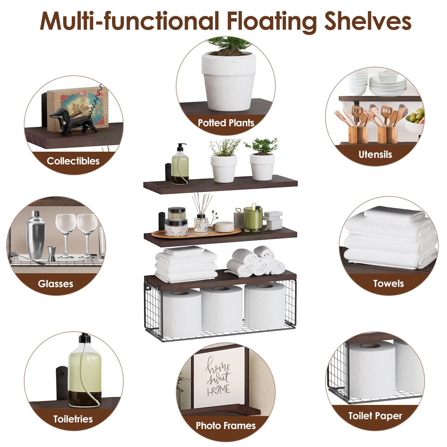 2-in-1 floating wall shelves with rustic wood planks and black metal storage basket for bathroom, kitchen, and living room wall décor – Keeno USA

