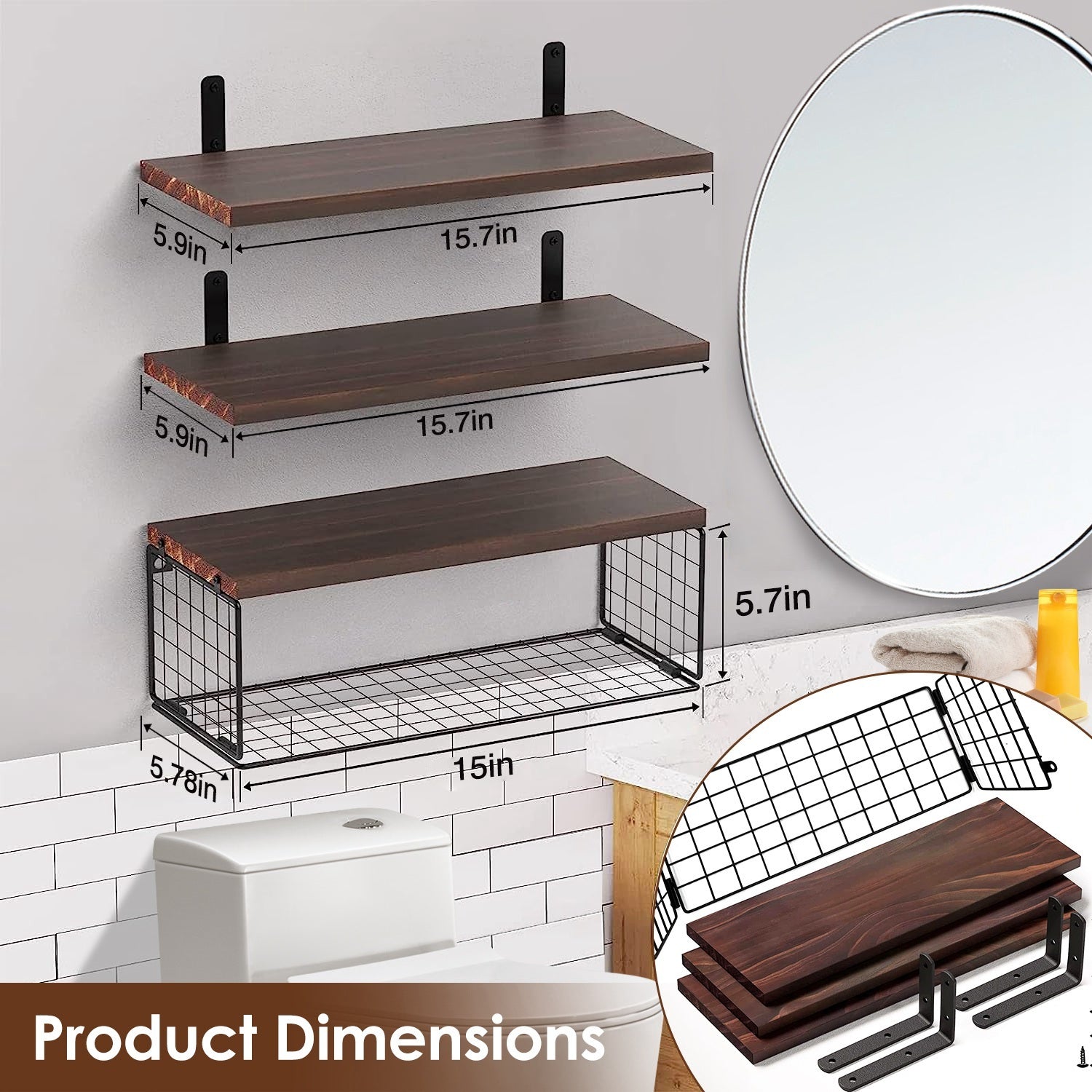 2-in-1 floating wall shelves with rustic wood planks and black metal storage basket for bathroom, kitchen, and living room wall décor – Keeno USA

