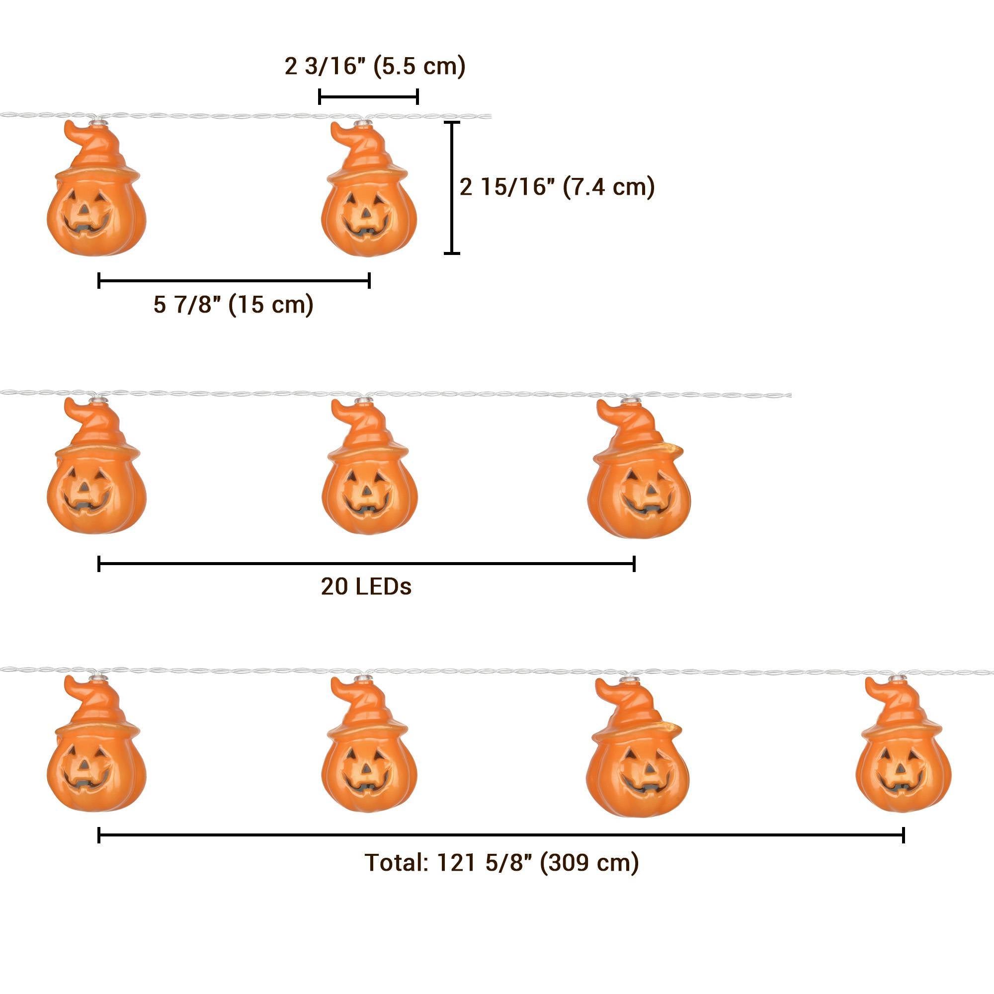 Close-up of battery-powered Halloween string lights with ghost and pumpkin shapes