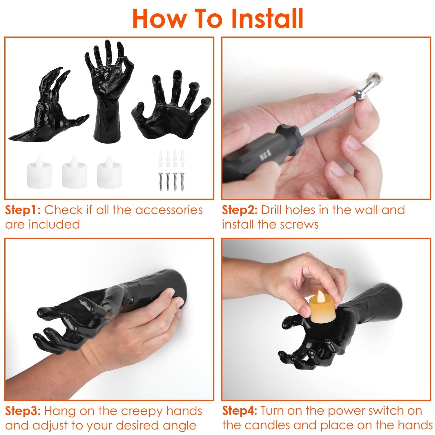 3 piece wall mounted reaching hands with LED candles Halloween decor USA