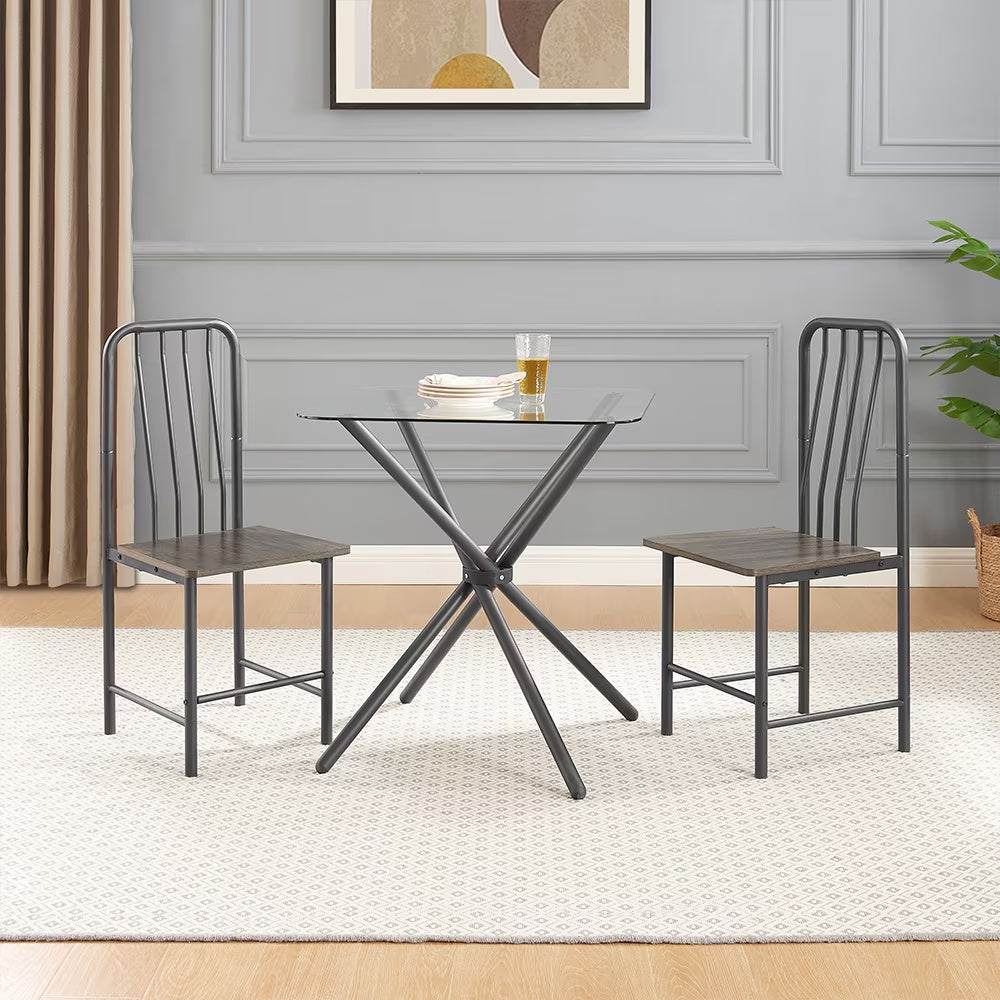 Dining Set for 2 – Square Tempered Glass Table & Metal Chairs | Keeno