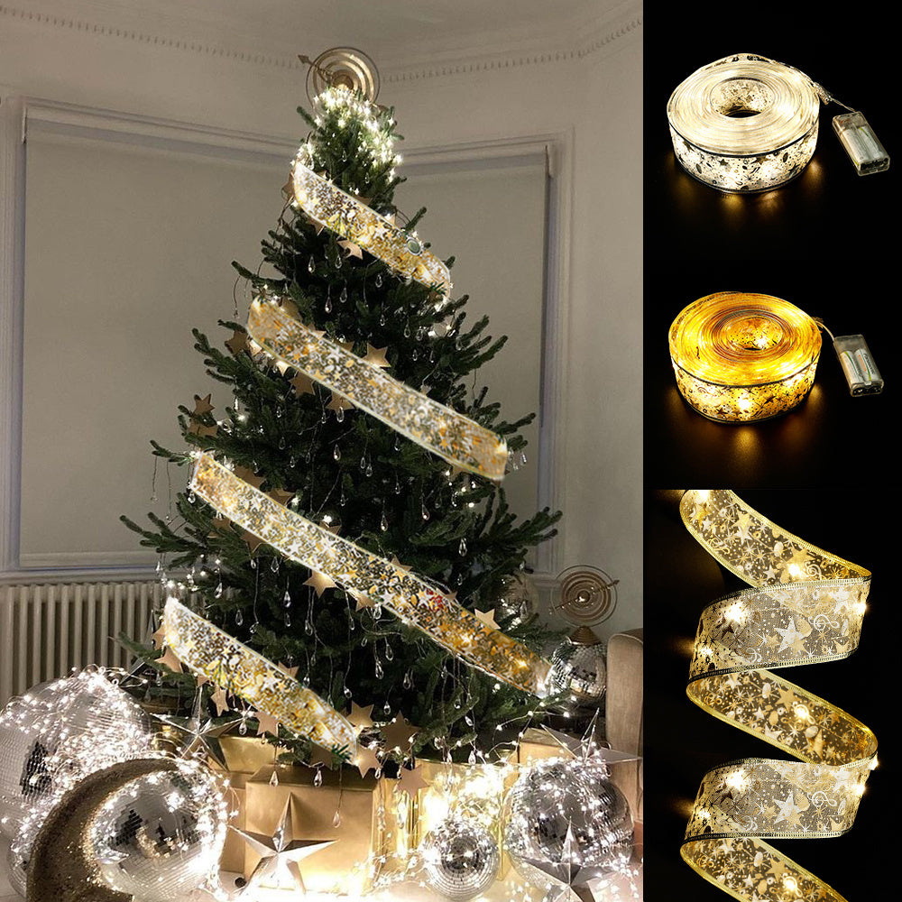 alt="LED Christmas Ribbon Fairy Lights Bow Tie Warm Gold"

