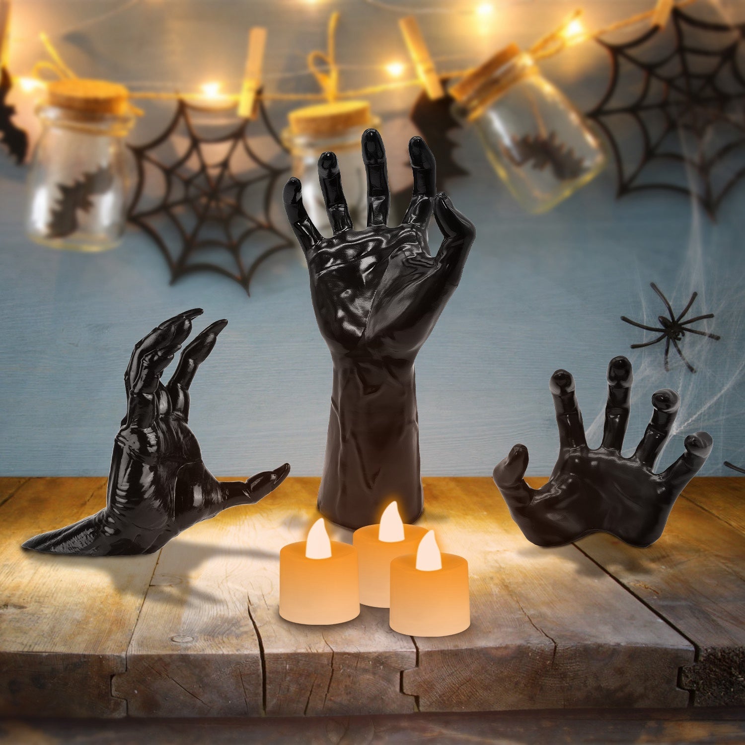 3 piece wall mounted reaching hands with LED candles Halloween decor USA