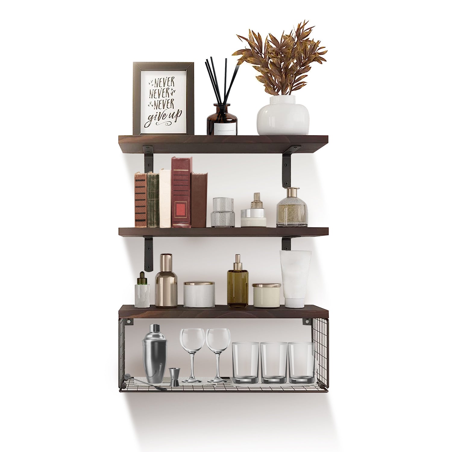 2-in-1 floating wall shelves with rustic wood planks and black metal storage basket for bathroom, kitchen, and living room wall décor – Keeno USA

