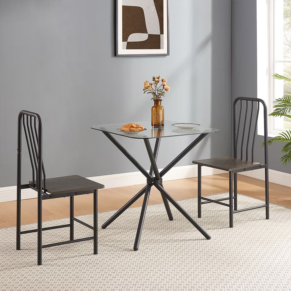 Dining Set for 2 – Square Tempered Glass Table & Metal Chairs | Keeno