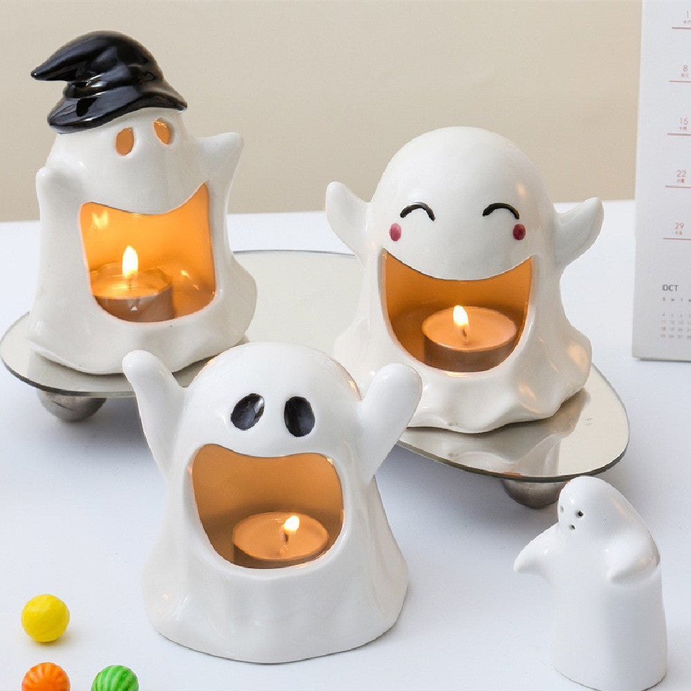 White ceramic ghost Halloween ornament candle holder usa
