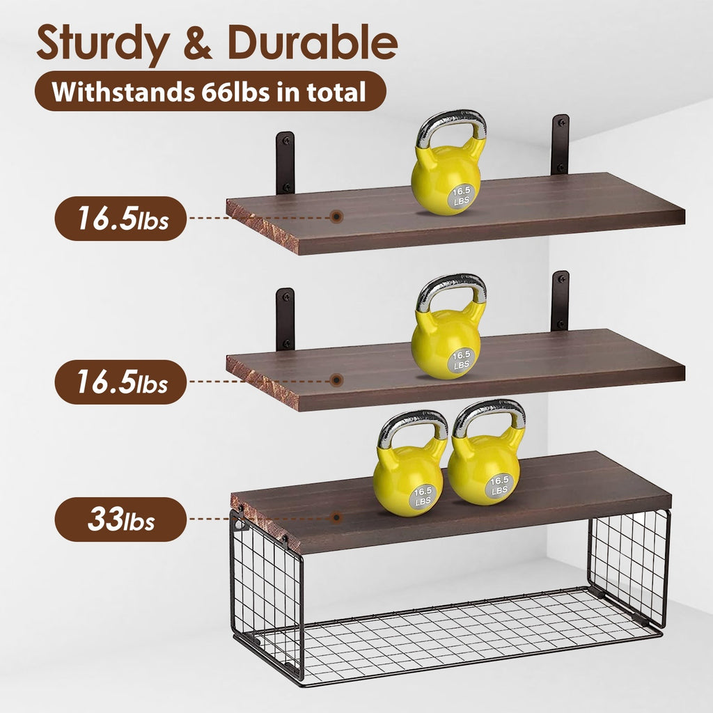 2-in-1 floating wall shelves with rustic wood planks and black metal storage basket for bathroom, kitchen, and living room wall décor – Keeno USA

