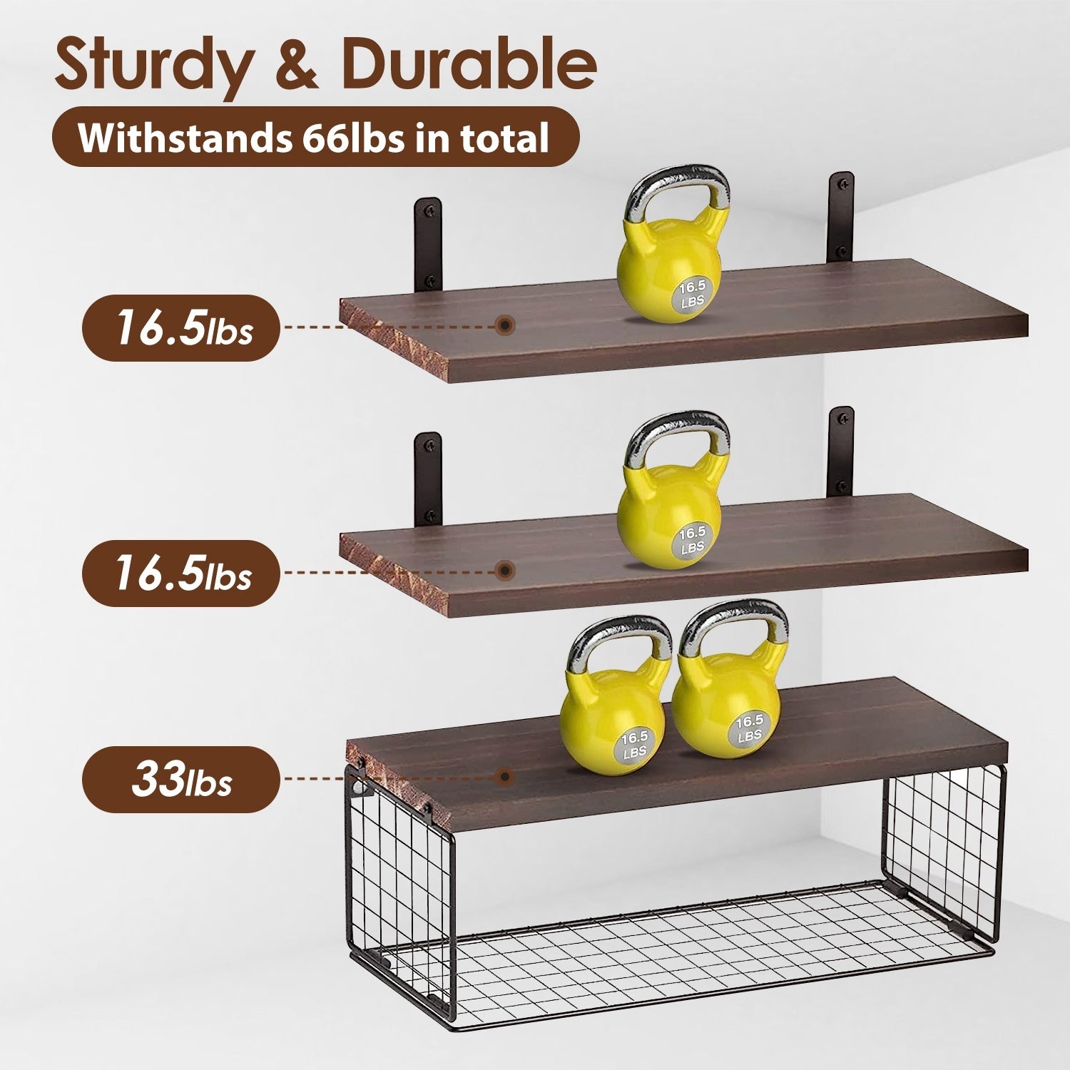 2-in-1 floating wall shelves with rustic wood planks and black metal storage basket for bathroom, kitchen, and living room wall décor – Keeno USA

