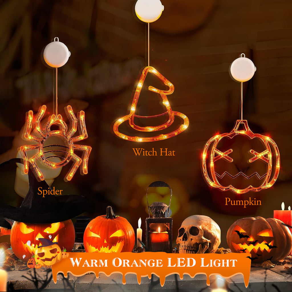 3 Pack Halloween Window Lights Pumpkin Spider Witch Hat Orange LED