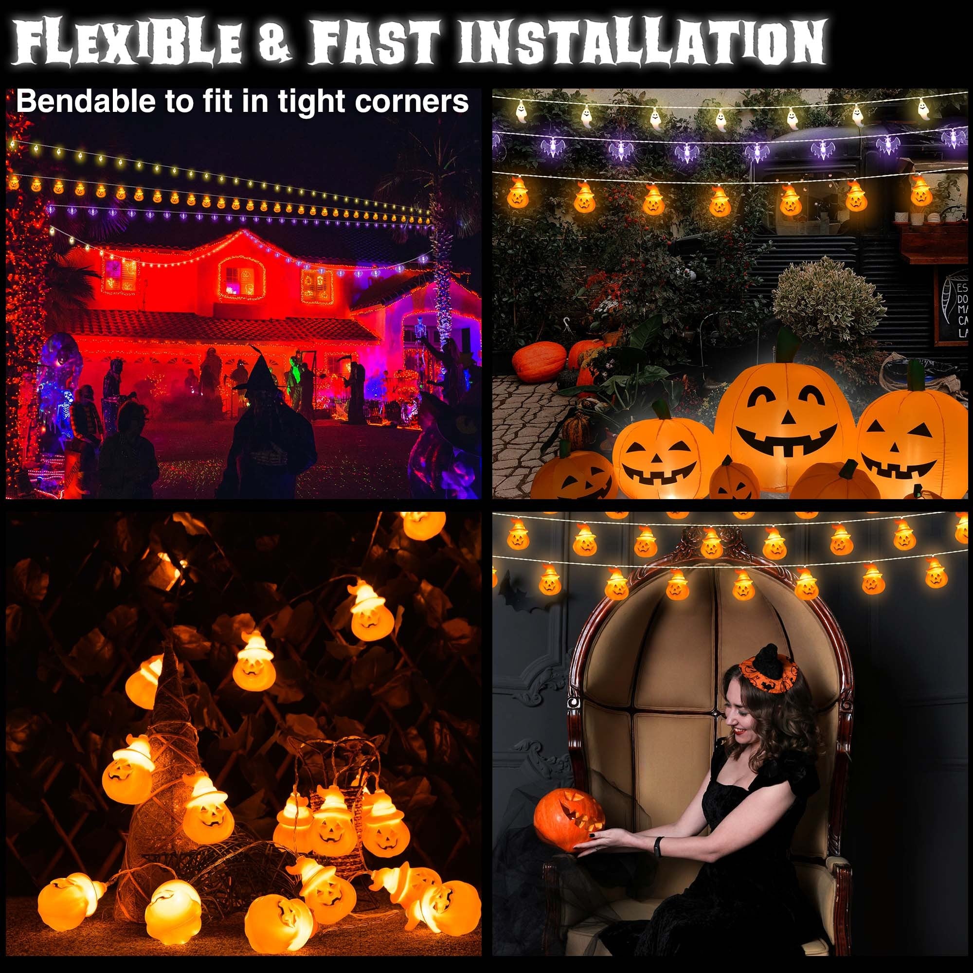 Close-up of battery-powered Halloween string lights with ghost and pumpkin shapes